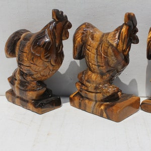 Carved 3.25&quot; TIGEREYE ROOSTER CHICKENS Figures * Hand-Carved Stone Fowl * Polished Brown Gold Chatoyant Bird Rock Animal Carvings, 1/4# each