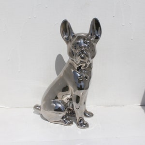 CHROME FRENCH BULLDOG Figurine * Tall 9&quot; Bull Dog Figure, Vintage Statue, Porcelain, Silver Ceramic Puppy