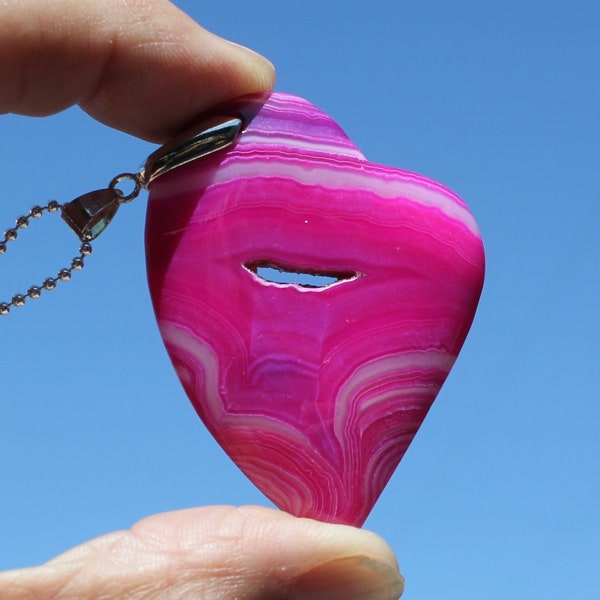 2.75" PINK AGATE HEART Pendant * Silver-Plated Pinch-Bail + 24" Ball Chain Necklace to cut to any length * Druzy Geode Center Rock Stone Cab