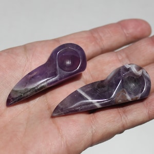 AMETHYST RAVEN SKULLS * Hand-Carved 2.5&quot; Purple + White Rock Stone Carving Figures * Animal, Bird, Flying Dinosaur