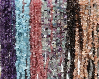 34&quot; GEMSTONE CHIP NECKLACE Purple Amethyst, Blue Aquamarine, Strawberry Quartz, Rainbow Fluorite, Smoky Quartz, Peach Moonstone, Labradorite