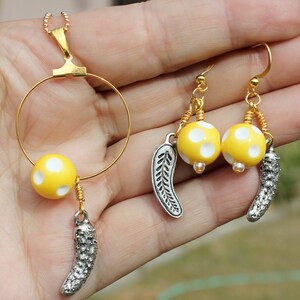 Pickleball Earrings: Yellow Ball & Pewter Pickle - Fun Sports Jewelry