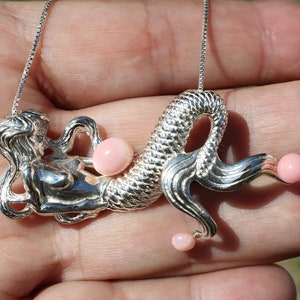 2.38 tcw CONCH PEARLS & MERMAID Pendant * Amazing Solid Sterling Silver 0.925 Necklace ~ 17&quot; Chain *