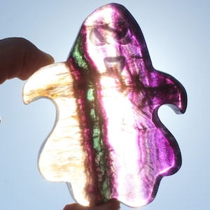 Large RAINBOW FLUORITE GHOSTS * Carved Purple Yellow Green Crystal Rock Stone Figures * Translucent Thick Statues, Halloween Gift