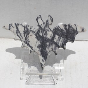 4.5" CARVED STONE BAT Figure - Black & White Matte' Polished Jasper Agate Rock * Halloween Decor