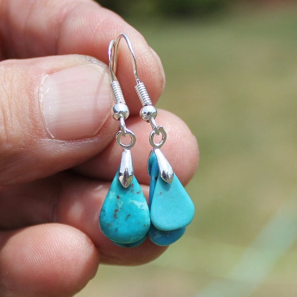 BISBEE TURQUOISE EARRINGS * 2 Choices w/ Silver Plated Ear-Wires * Double Tear Drops, Blue & Blue-Green * Genuine Old Stock Stones