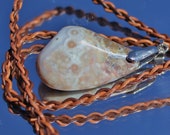 OCEAN JASPER PENDANT 20 quot Leather Braid Cord Necklace, Big Nugget, Orbs, Pale, Pink, Beige, Silver