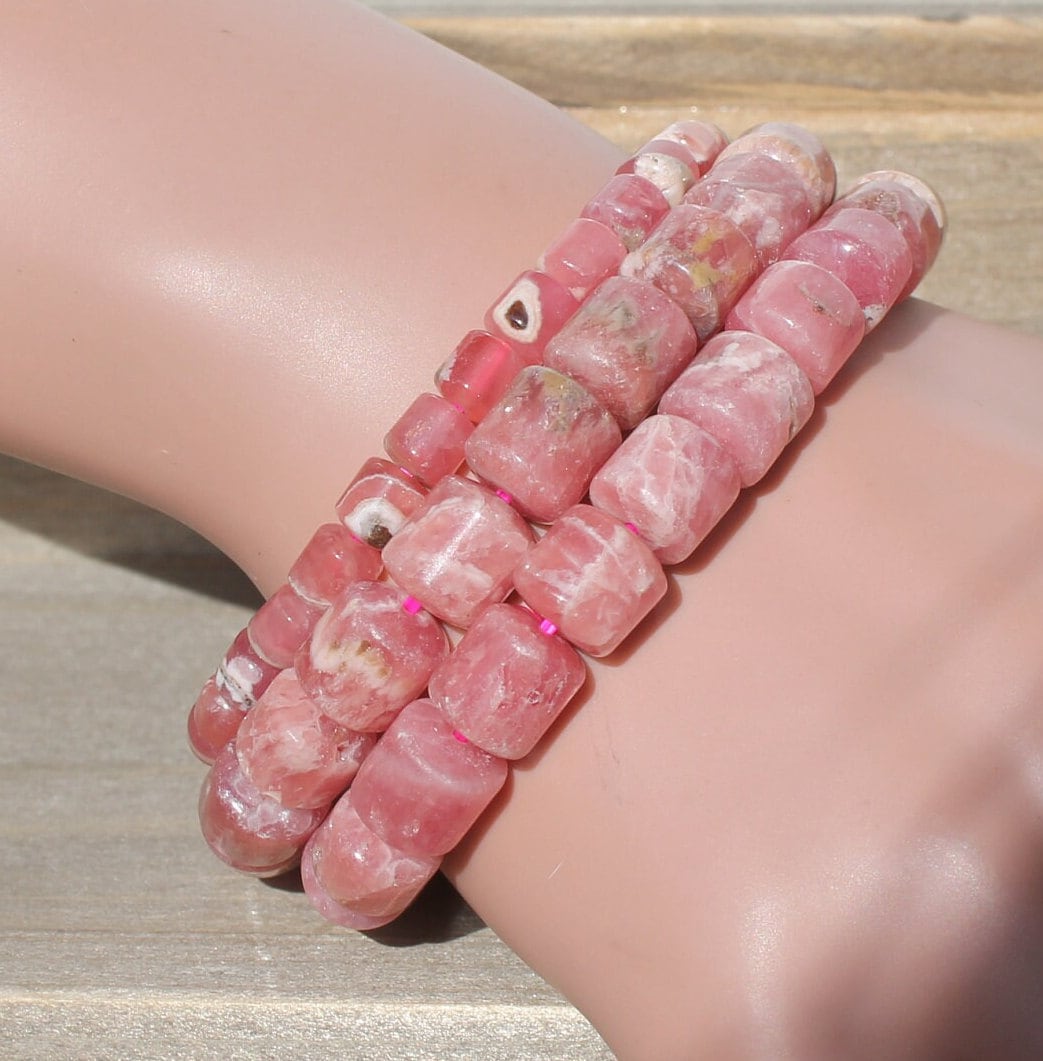 Rhodochrosite Barrel Stretchy Bracelets Rhodochrosite Barrel Stretchy Bracelets