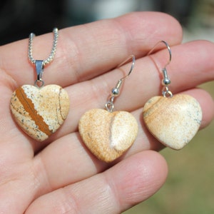 HEART PENDANT & EARRINGS Set * Silver-Plated Ear-Wires + Bail * Carved Picture Jasper Rock Stones * Two Sided *