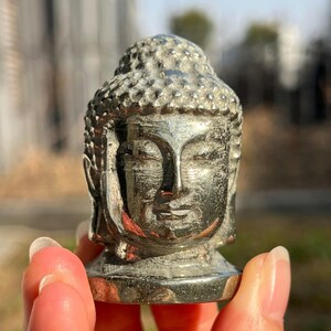 May include: A metallic, silver-toned sculpture of a Buddha head featuring a textured, curled hairstyle, closed eyes, and a serene facial expression. The surface of the figurine has a reflective, polished finish that catches the light.