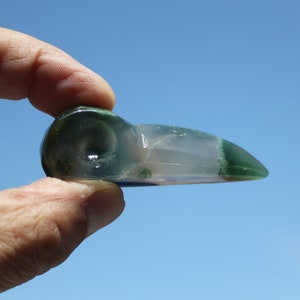 Moss Agate CARVED RAVEN SKULLS * Hand-Carved 2.5&quot; Green Clear White Rock Stone Crystal Carving Figures * Animal, Bird, Flying Dinosaur