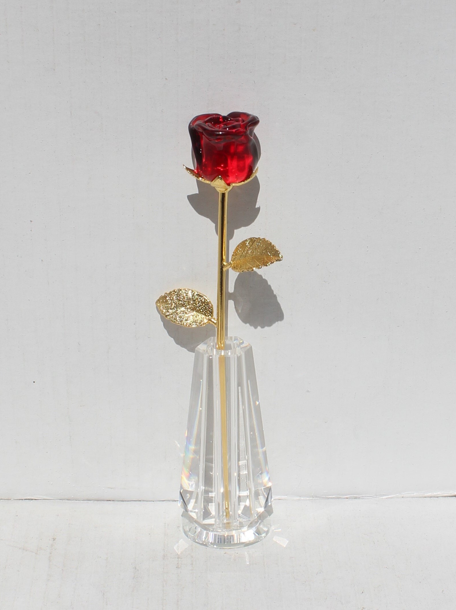 Red Glass Rose: Enamel Leaves, Gold Stem, With Vase & Gift Box - Etsy