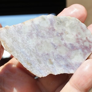 May include: A close-up of a light gray and purple rock with a layered, striated pattern. The rock has a smooth, polished surface.