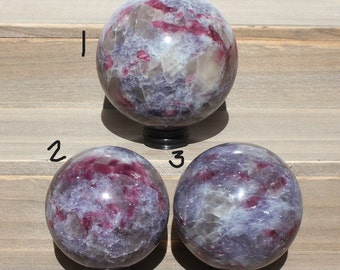 UNICORN STONE SPHERE * Natural Crystal Rock Display * Lepidolite, Pink Tourmaline, Smokey Quartz, Clevelandite * Madagascar