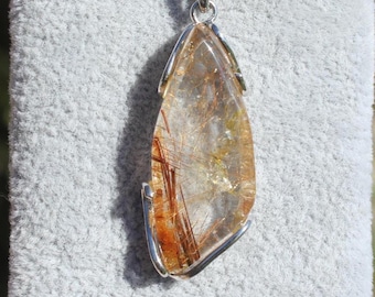 Long GOLDEN RUTILE PENDANT * Crystal Clear Quartz in 925 Sterling Silver Setting w/ Bail + Chain