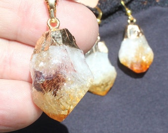 CITRINE PENDANT & EARRINGS Crystal Points Set w/ Gold Electroplating + Gold-Plated Ear-Wires + Ball Chain * Stone, Rock, Quartz (B)