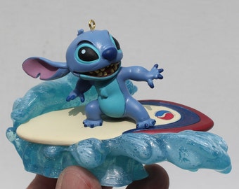 SURFING STITCH ORNAMENT * Stitch Surfing a Wave on Surfboard * Re-Purposed 4" Christmas Toy Figurine Collectible
