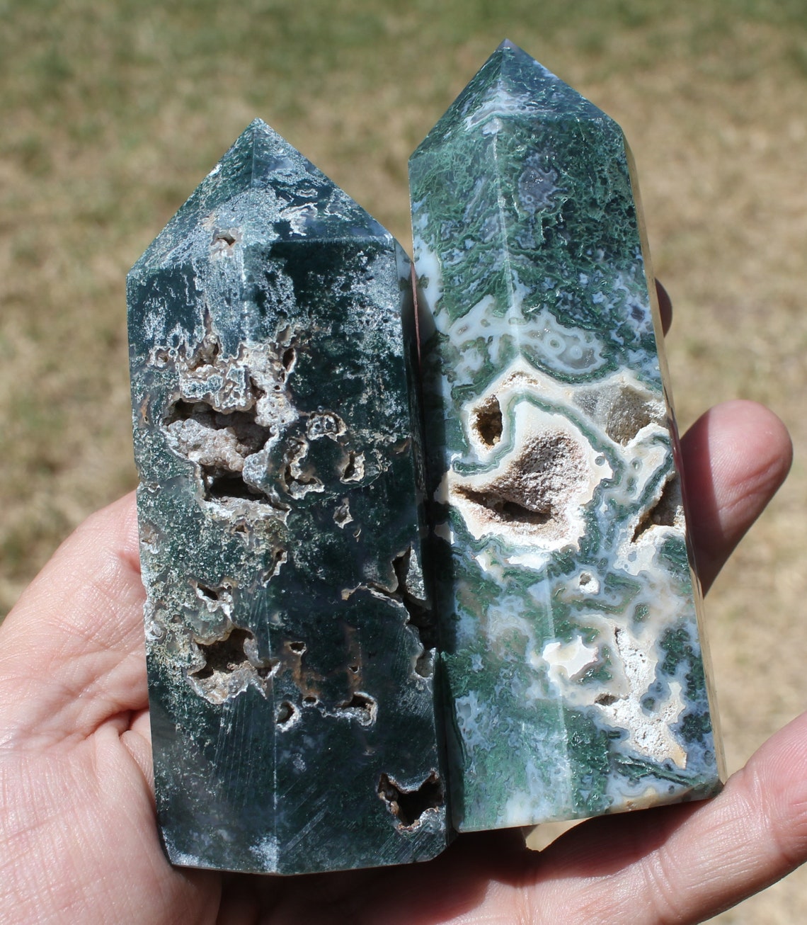 Green MOSS AGATE TOWERS w/ Natural White Botryoidal Druzy Vugs | Etsy