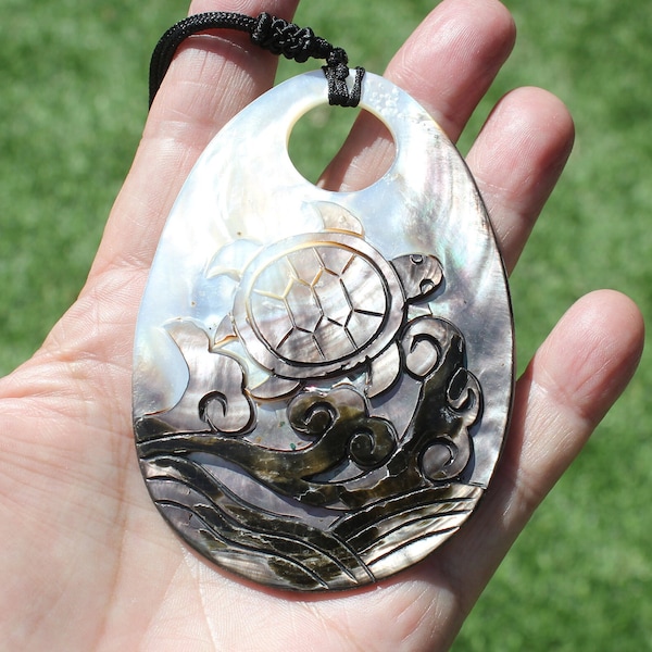 MOP SEA TURTLE Carved Pendant Necklace * Rainbow & Brown Mother of Pearl Shell * Big Hand-Carving