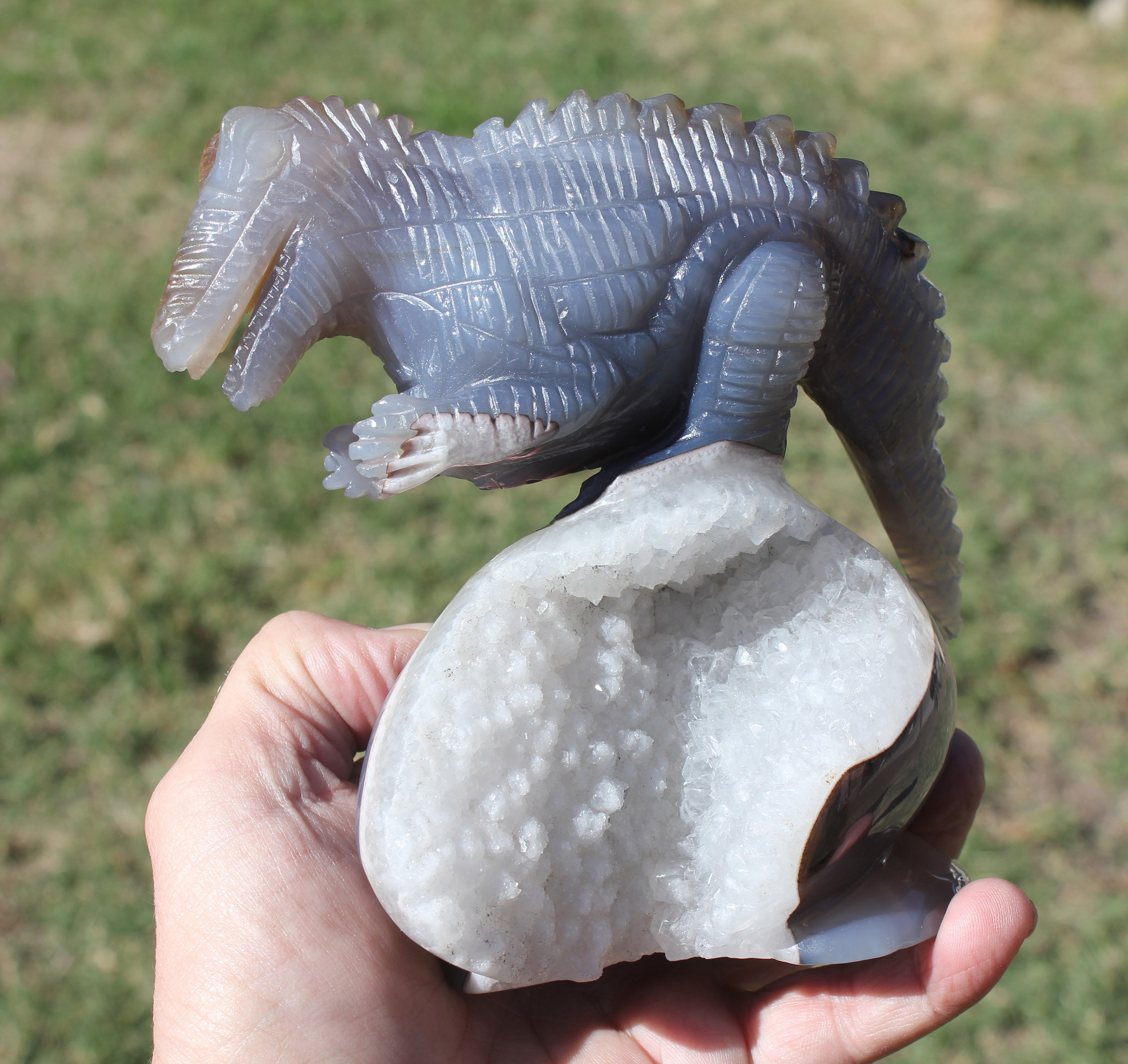 Hand-Carved 2.3# Agate Dinosaur On Druzy Egg Figure Prehistoric Animal with Big Sparkly Crystal, Rock Stone Stegosaurus