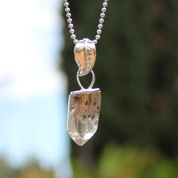 Golden RUTILATED QUARTZ PENDANT ~ 1.25" Polished Small Crystal Point * Brazil * Custom Hand Forged Solid Sterling Silver 0.925 Leaf Bail Set