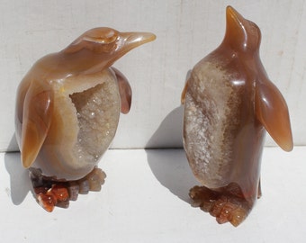 4" Hand-Carved AGATE GEODE PENGUIN Figurines * 1# Rock, Stone, Sparkly Crystal Druzy Belly