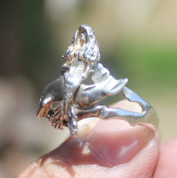 MERMAID RIDING DOLPHIN Ring * Solid Silver Marked… - image 1