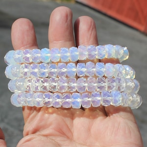FACETED OPALITE BRACELETS * Choices: 10mm + 12mm Sparkling Rondelle Crystals Stretch 6.5&quot; - 8&quot; long * Translucent Gemstones for Men + Women