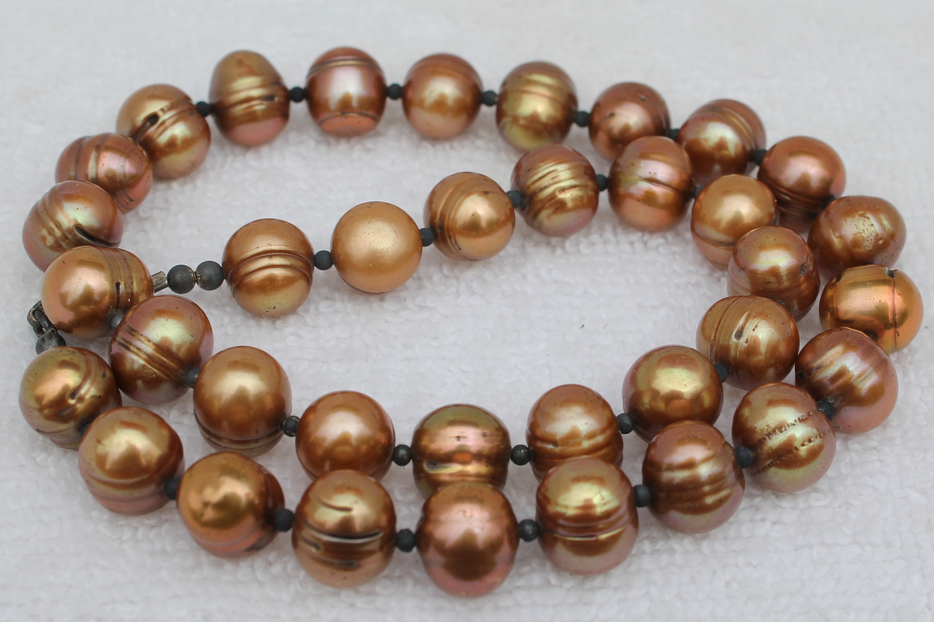17" Knotted FRESHWATER PEARL NECKLACES - Golden Bronze Honora Strand w/ 12mm Round Pearls - Sterling Silver Lobster Clasps