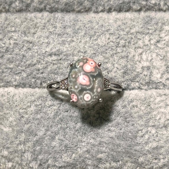 Orbicular OCEAN JASPER RING 925 Sterling Silver Adjustable Size * Green w/ Pink Orbs