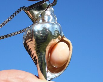 May include: A silver pendant necklace featuring a polished seashell design with a light pink pearl nestled inside. The pendant hangs from a delicate silver chain, set against a clear blue sky.