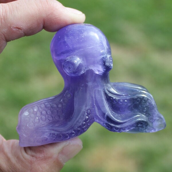 Carved PURPLE FLUORITE OCTOPUS  * Crystal Rock Stone * Translucent Clear Lavender Color Display Figure * Sea, Ocean, Animal, Gift, Nautical