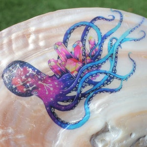 May include: A colorful octopus with a galaxy design on its body is holding a cluster of pink, purple, and blue crystals. The octopus is drawn on a white seashell.