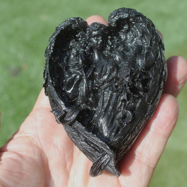 3.5" BLACK TOURMALINE ANGEL Cradling Child w/ Big Wings Wrapped into a Heart Display * Reconstituted Stone, Crystal Figure