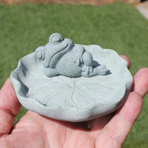 May include: A small, gray frog figurine resting on a leaf-shaped dish. The frog is sculpted in a relaxed pose, with its eyes closed. The dish has a detailed leaf vein pattern. The overall design is a serene, garden-themed decorative item.