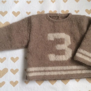 May include: A brown knitted sweater with white stripes on the sleeves and bottom hem. The sweater has a large white number "3" on the front.