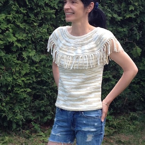 PDF Knitting Pattern woman top with round yoke and fringes, top down seamless in cotton