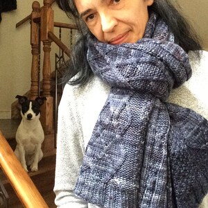 Puede incluir: Una mujer con un su&eacute;ter gris y una bufanda de punto azul y blanco. Un perro blanco y negro est&aacute; sentado en las escaleras detr&aacute;s de ella.