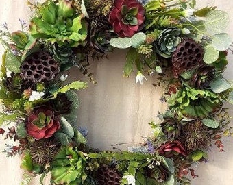 FAUX SUCCULENT WREATH, Plant Wreath, Spring Wreath, Summer Wreath, Door Wreath, Silk Flower Wreath, Wreath for Door, Garden Wreath