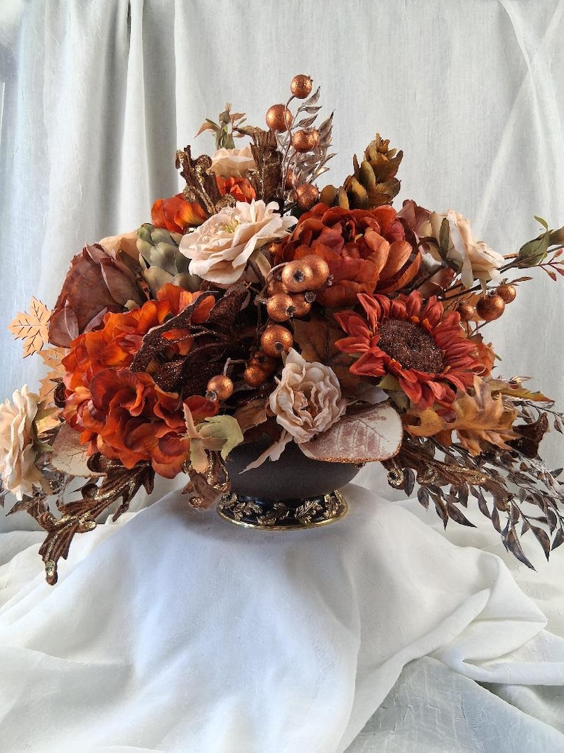 Large Fall Table Centerpiece With Glitter Pumpkin, Faux Bronze Roses ...