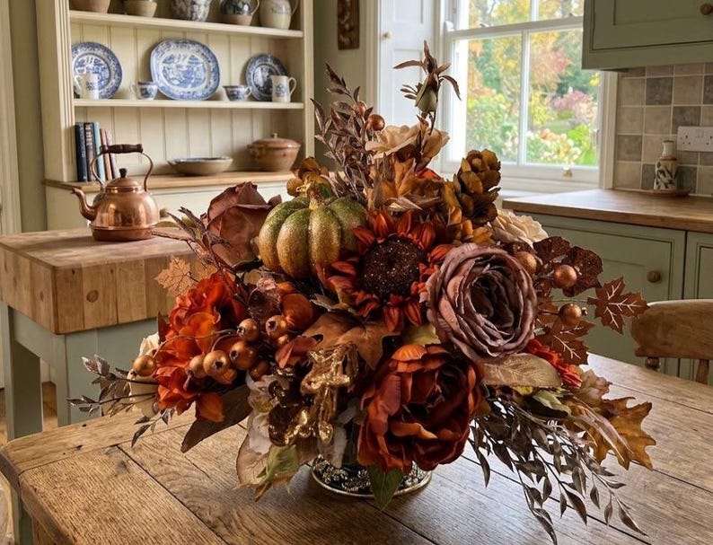 Large Fall Table Centerpiece With Glitter Pumpkin, Faux Bronze Roses ...