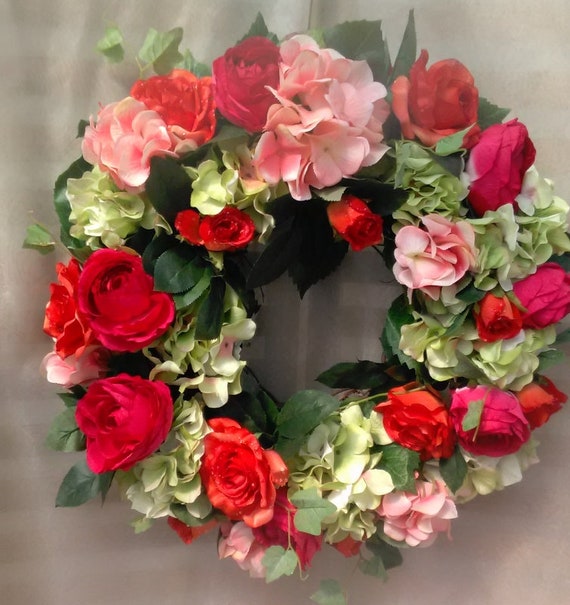 Summer Floral Wreath....Spring Door Wreath....Hydrangea and Rose Wreath.....