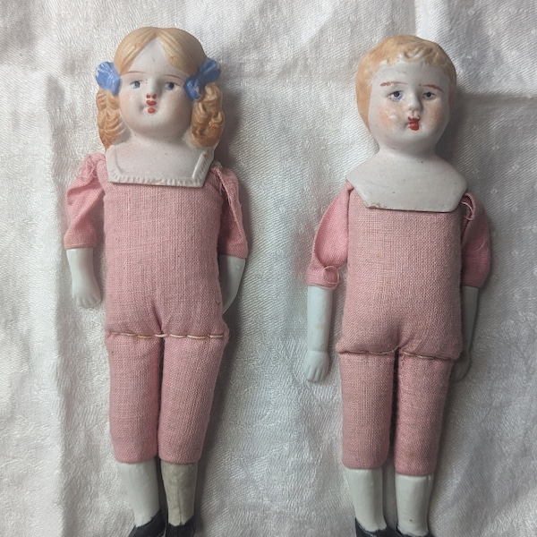 Vintage Antique Nippon Bisque Porcelain Dolls with cloth Body Boy and Girl