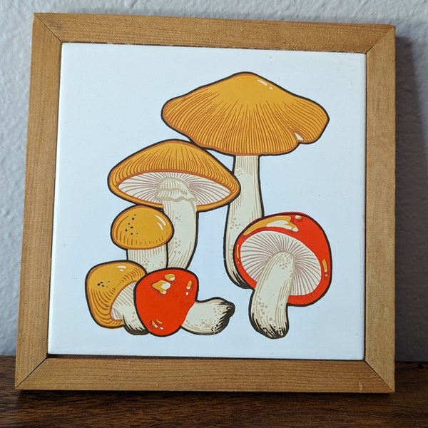 Vintage Mushroom Ceramic Tile Wood Trivet Plaque Wall hanging