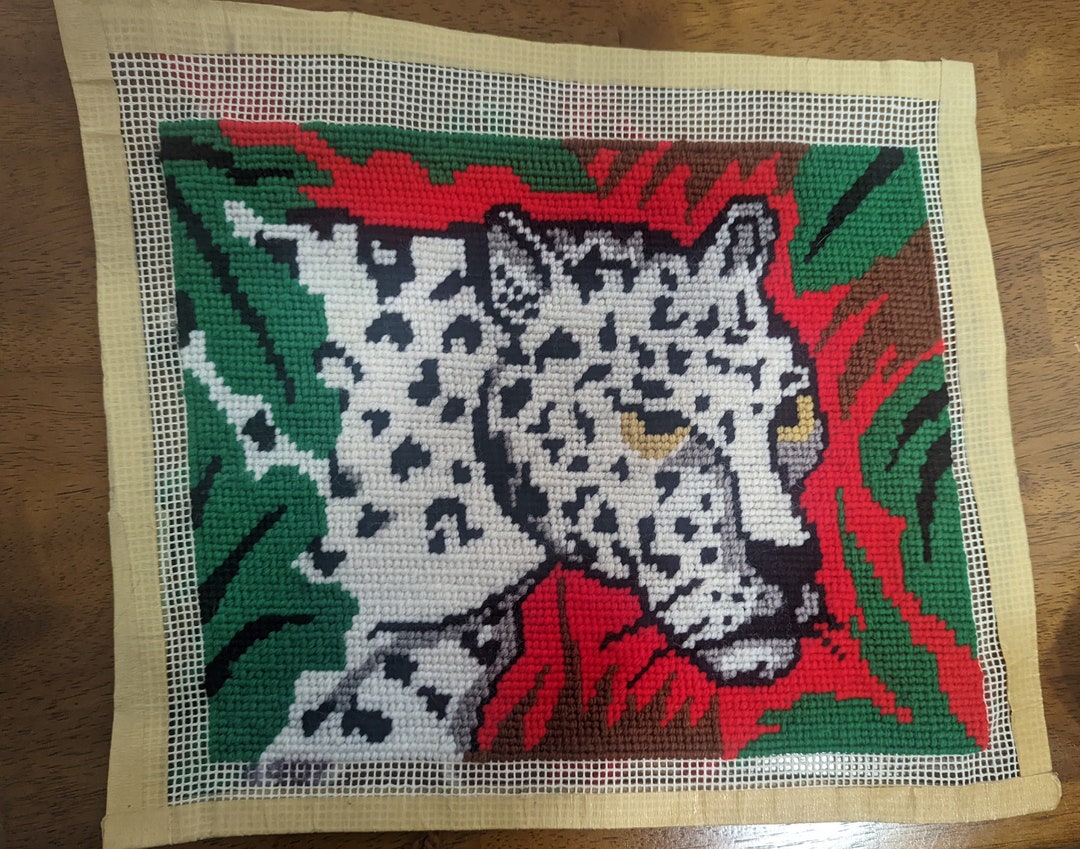 Vintage Snow Leopard Crewel Needlepoint Without Frame Etsy