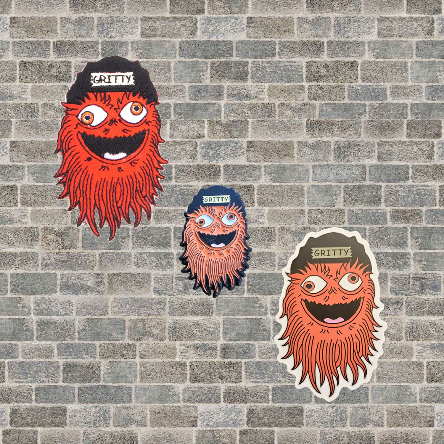 Philadelphia | Flyers Hockey Gritty Mascot Enamel Lapel Pin, 3-inch Iron-on Patch and 3" Vinyl Sticker Combo