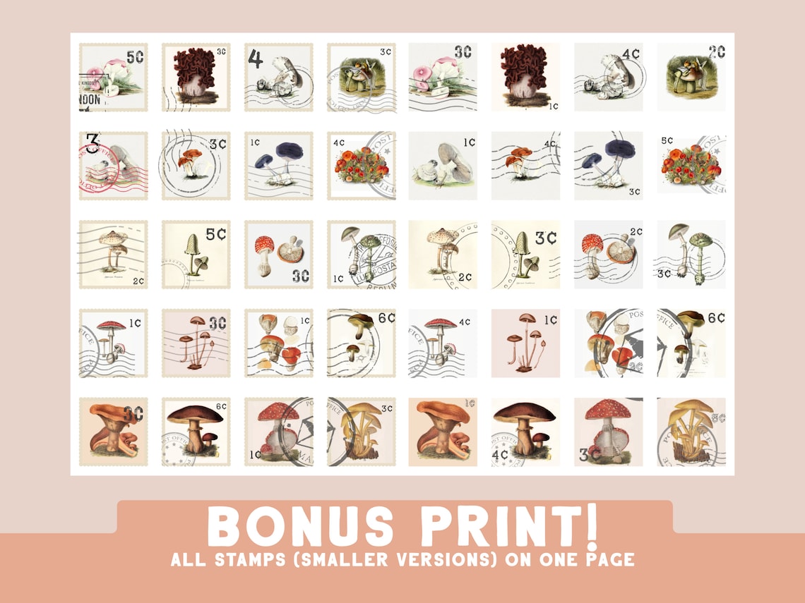 DIY Printable Vintage Mushroom Stamps for Your Art Journals, Scrapbooks