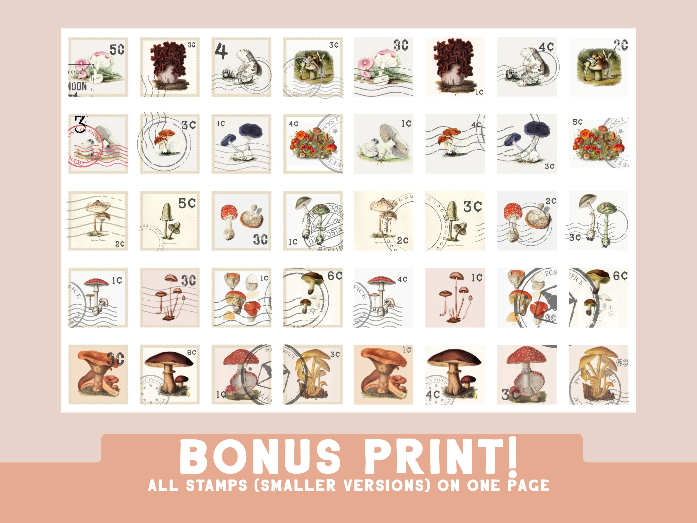 DIY Printable Vintage Mushroom Stamps for Your Art Journals, Scrapbooks