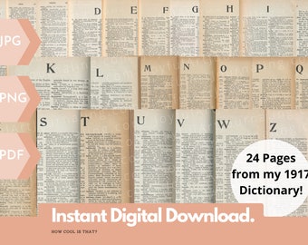 24 Printable 1917 Antique Dictionary Pages for your art journals, scrapbooks, collage, junk journaling more. Digital  Vintage Book Ephemera
