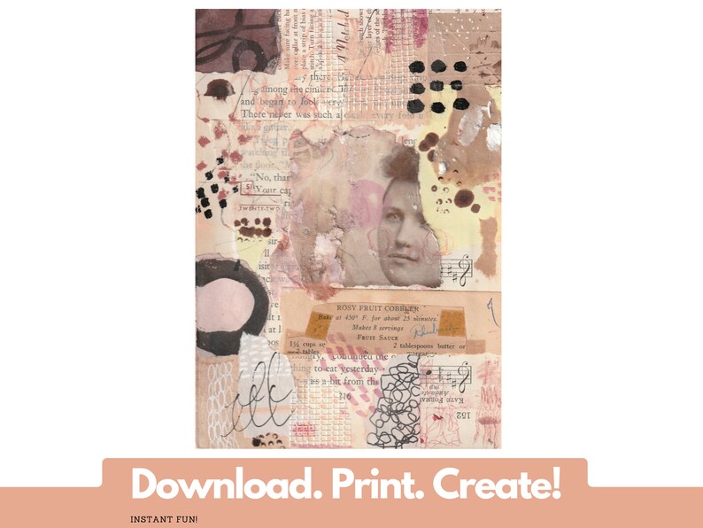 Pink and Sepia/Beige Mixed Media Art Journal Collage Tear Sheets with Vintage Photo and Modern Marks. Instant Digital Download Printable 5 image 3